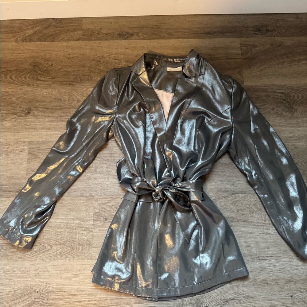 Anthropologie shiny silver blazer with tie belt